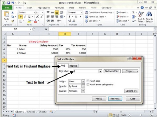 Find Tab in Excel