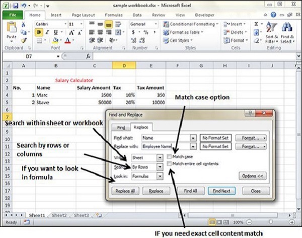 Various Find options in Excel